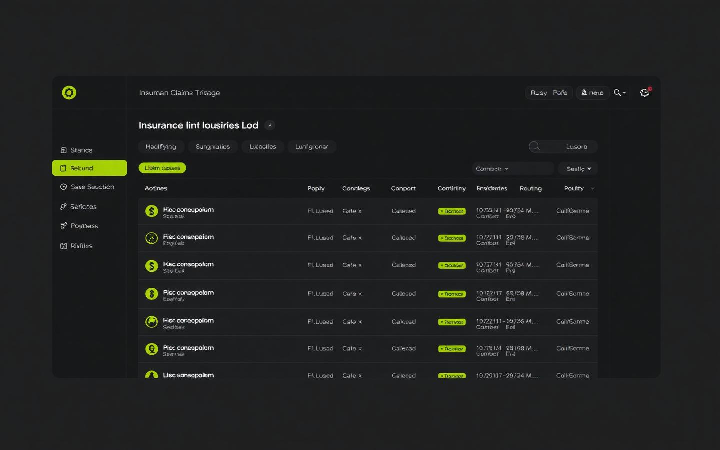 Claims triage queue with complexity scores and routing.