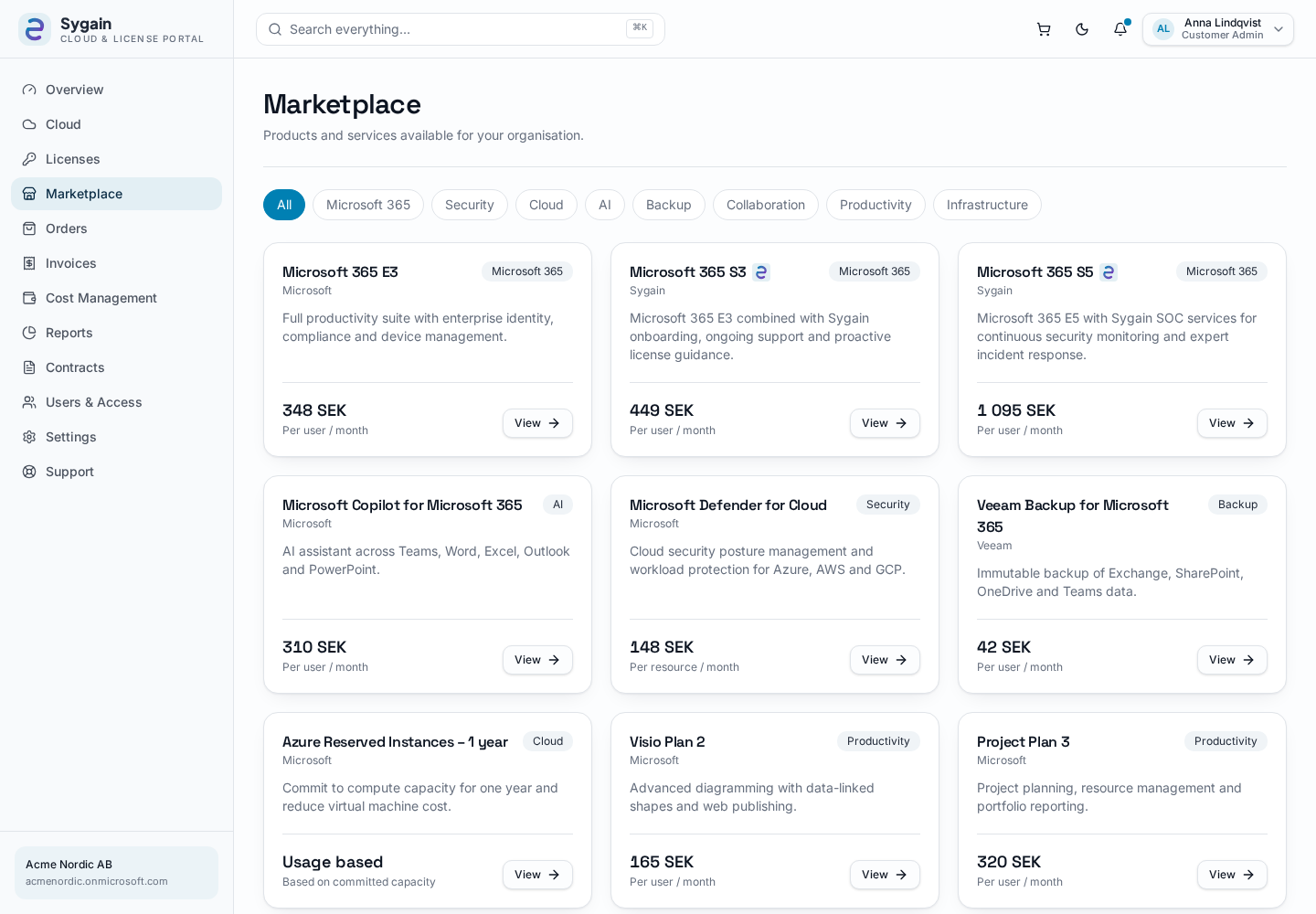 Marketplace with Microsoft 365 and partner-branded service bundles priced per user and month.