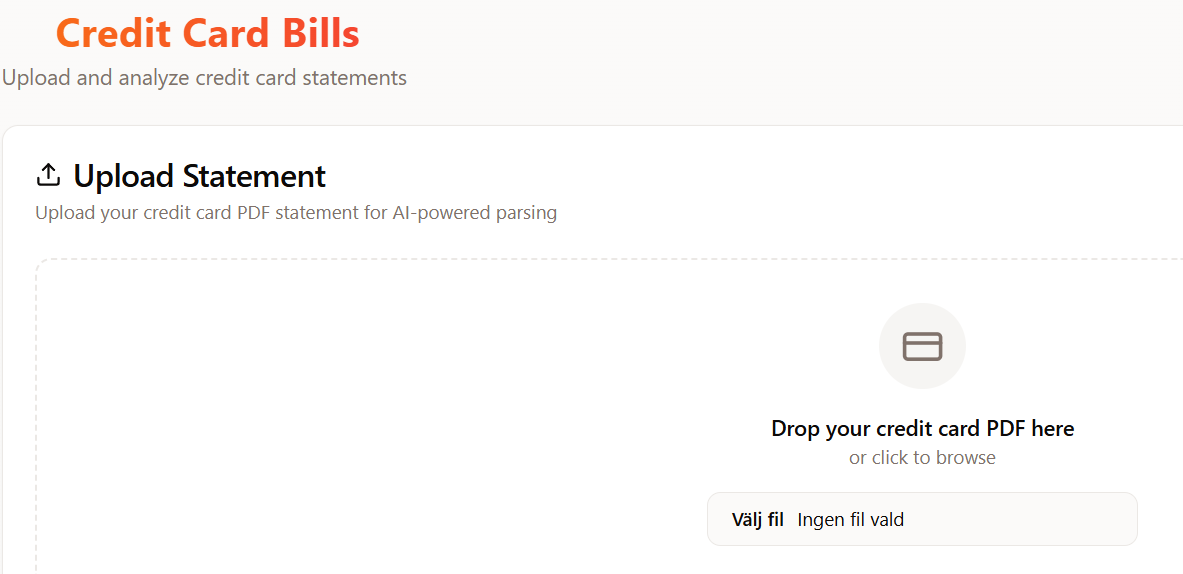 Credit card bill upload screen for AI-powered statement parsing.
