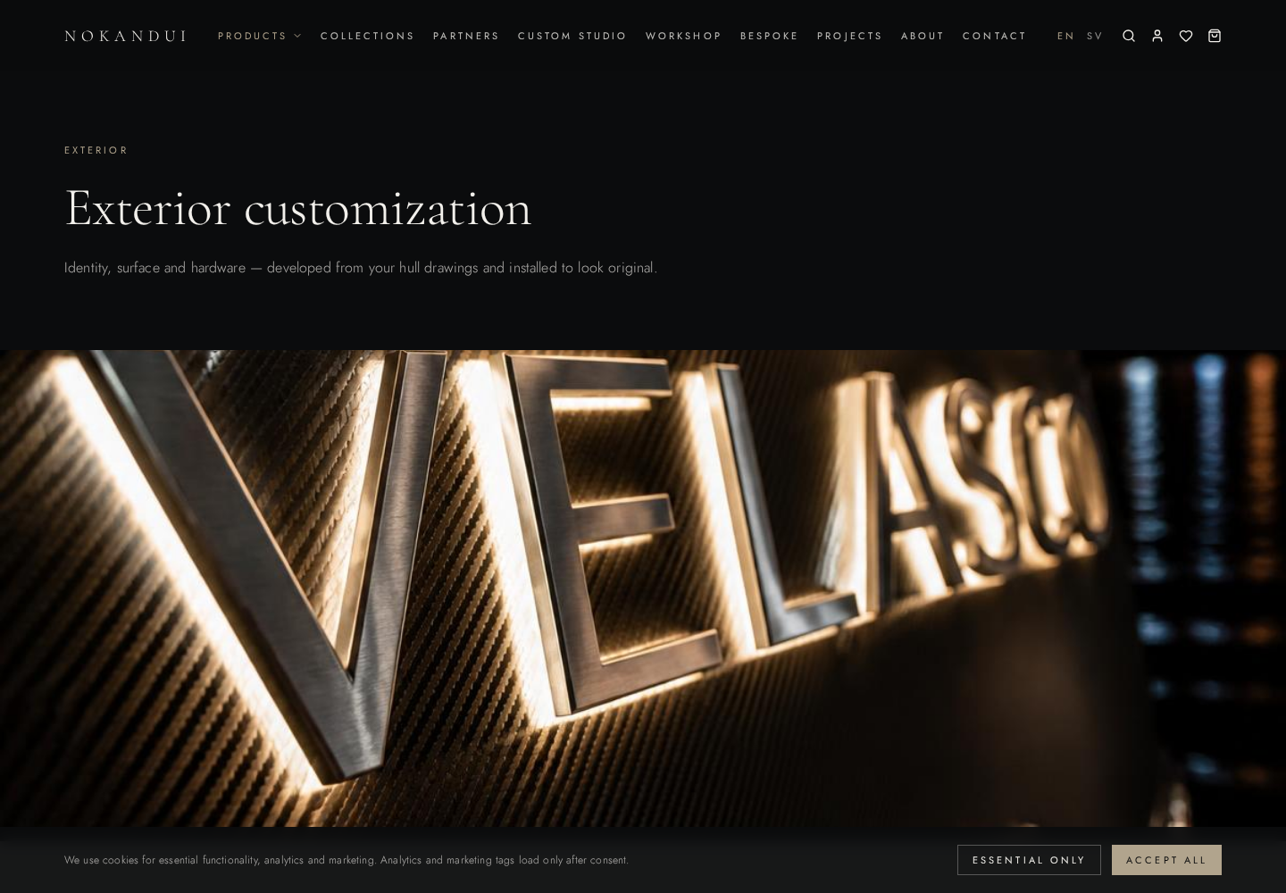 Exterior customization page covering illuminated logos, lettering, wraps, carbon components and deck details.