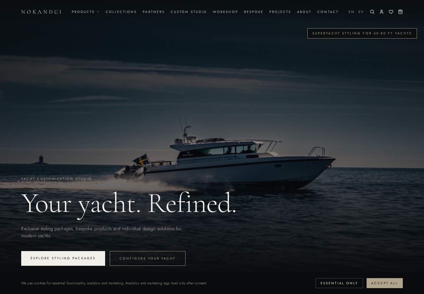 Nokandui homepage with a motor yacht hero image and the headline Your yacht. Refined.