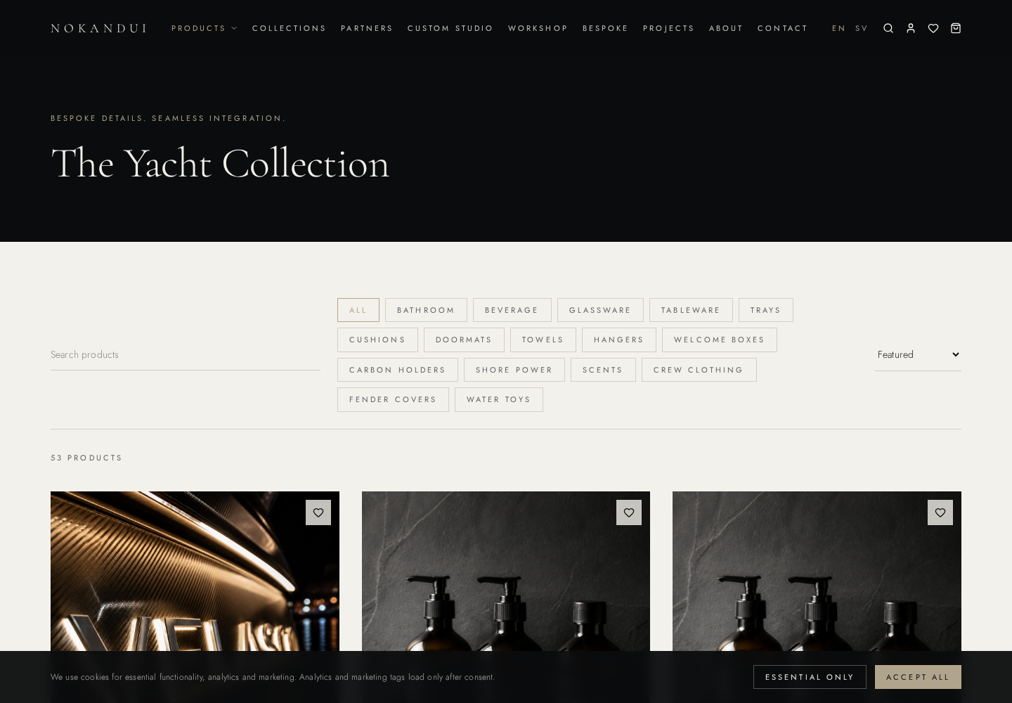 The Yacht Collection product listing with category filters and 53 products.