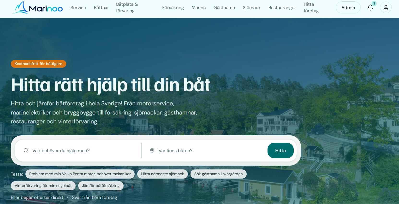 Marinoo start page with a search field for what the boat needs and where it is.