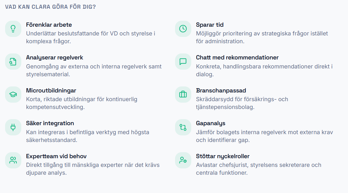 Capability overview listing regulatory analysis, chat recommendations, gap analysis and expert team access.