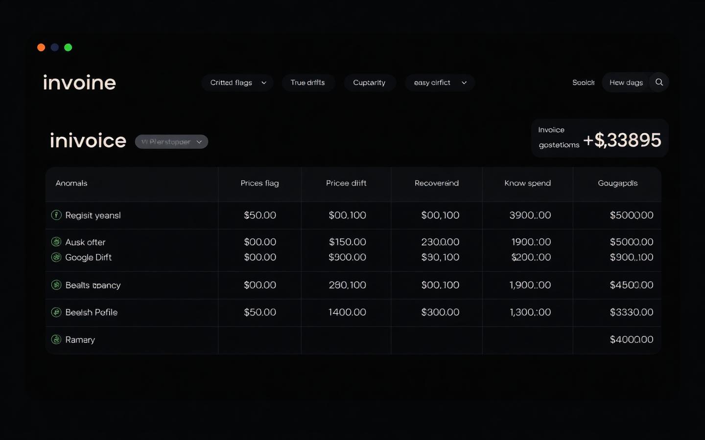 Invoice reconciliation view with anomaly flags and recovered spend.
