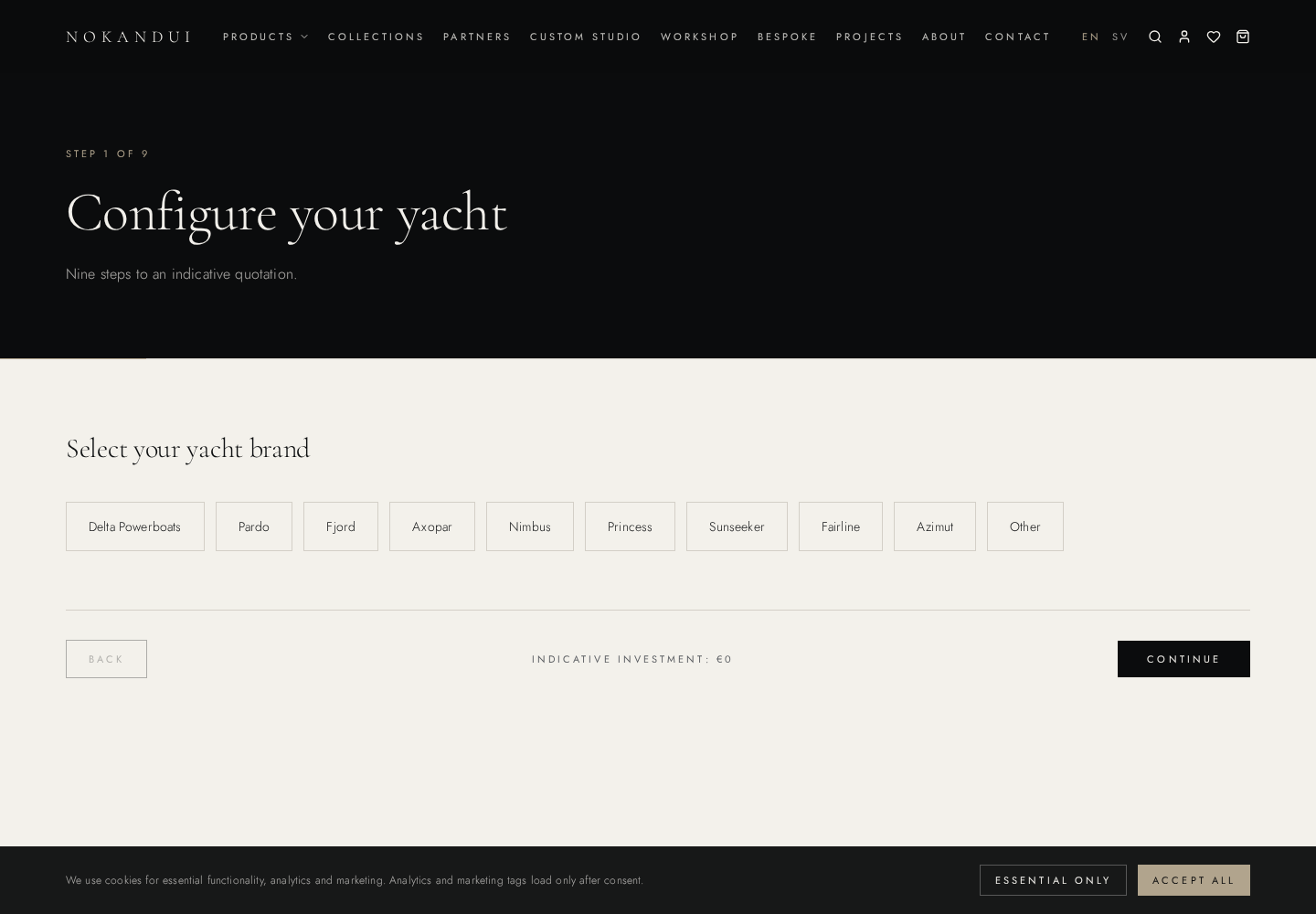 Configurator step one asking the owner to select their yacht brand, with a running indicative investment total.