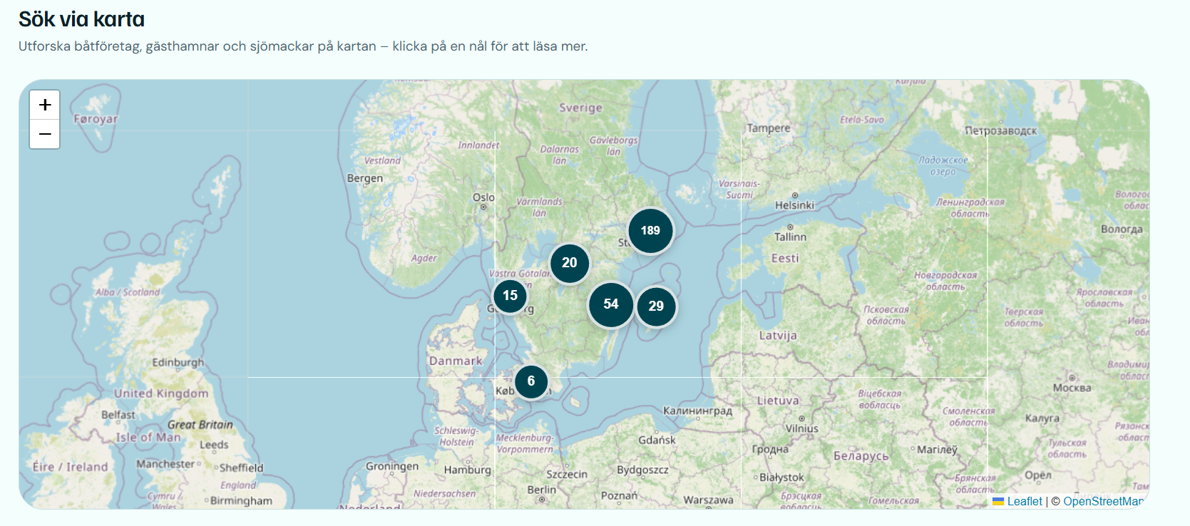 Map of Sweden with clustered pins for boat companies, guest harbours and fuel stations.