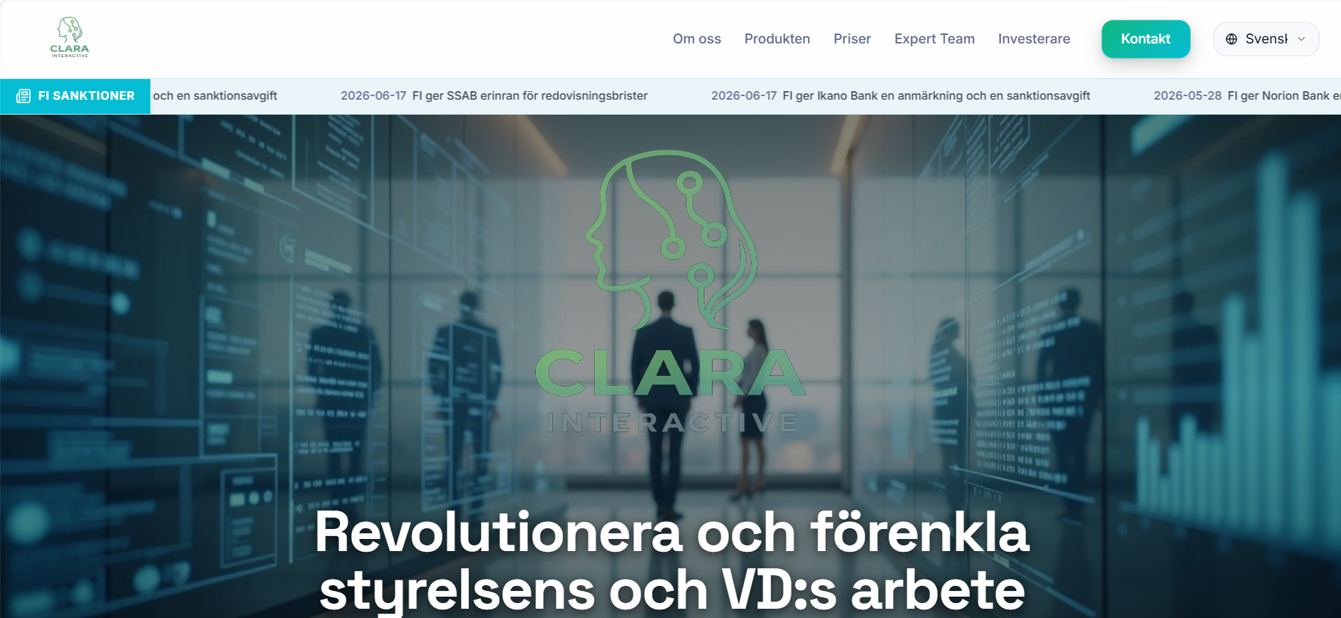 Clara Interactive landing page with a live feed of FI sanctions against Swedish banks.