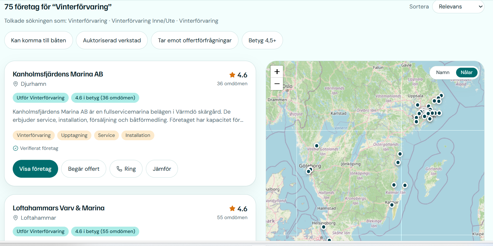Search results for winter storage with verified companies, ratings and quote request buttons.