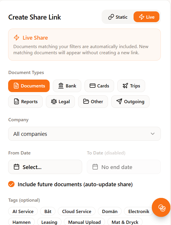 Create share link dialog with live share filters for document types, company, dates and tags.