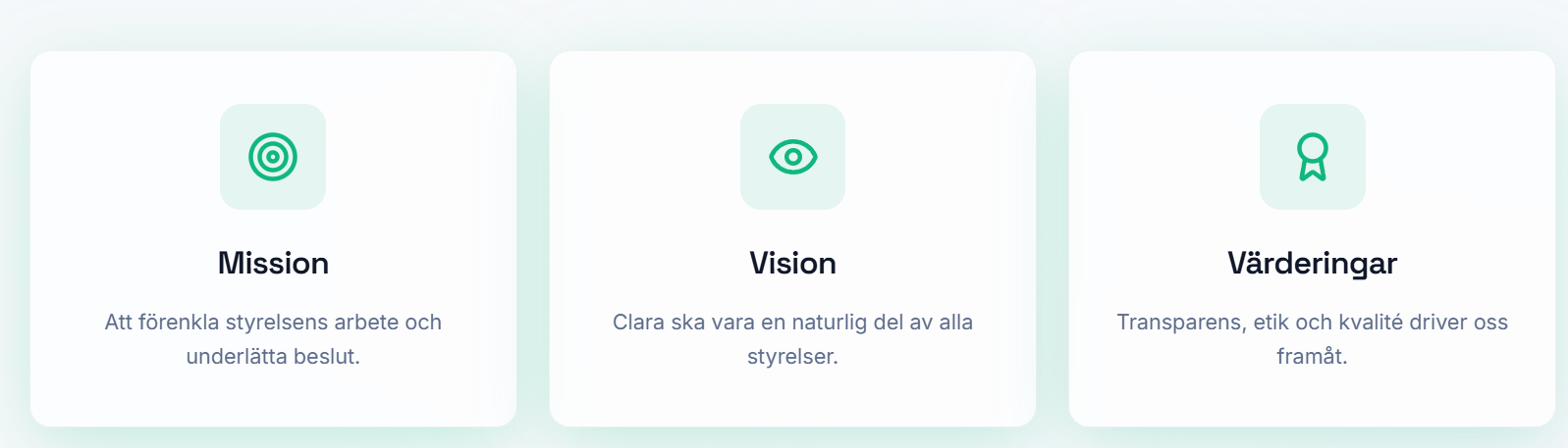 Mission, vision and values cards from Clara Interactive.