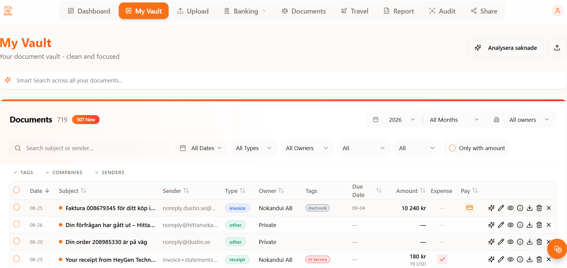 Kvittr document vault listing invoices and receipts with sender, type, owner, tags and amounts.
