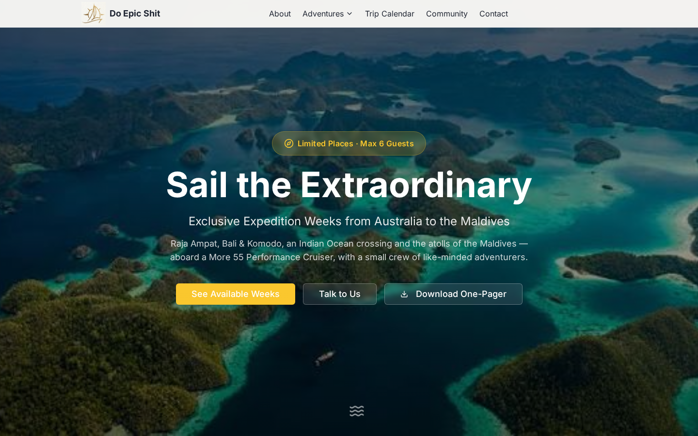 Sail the Extraordinary expedition page for exclusive weeks from Australia to the Maldives, max six guests.