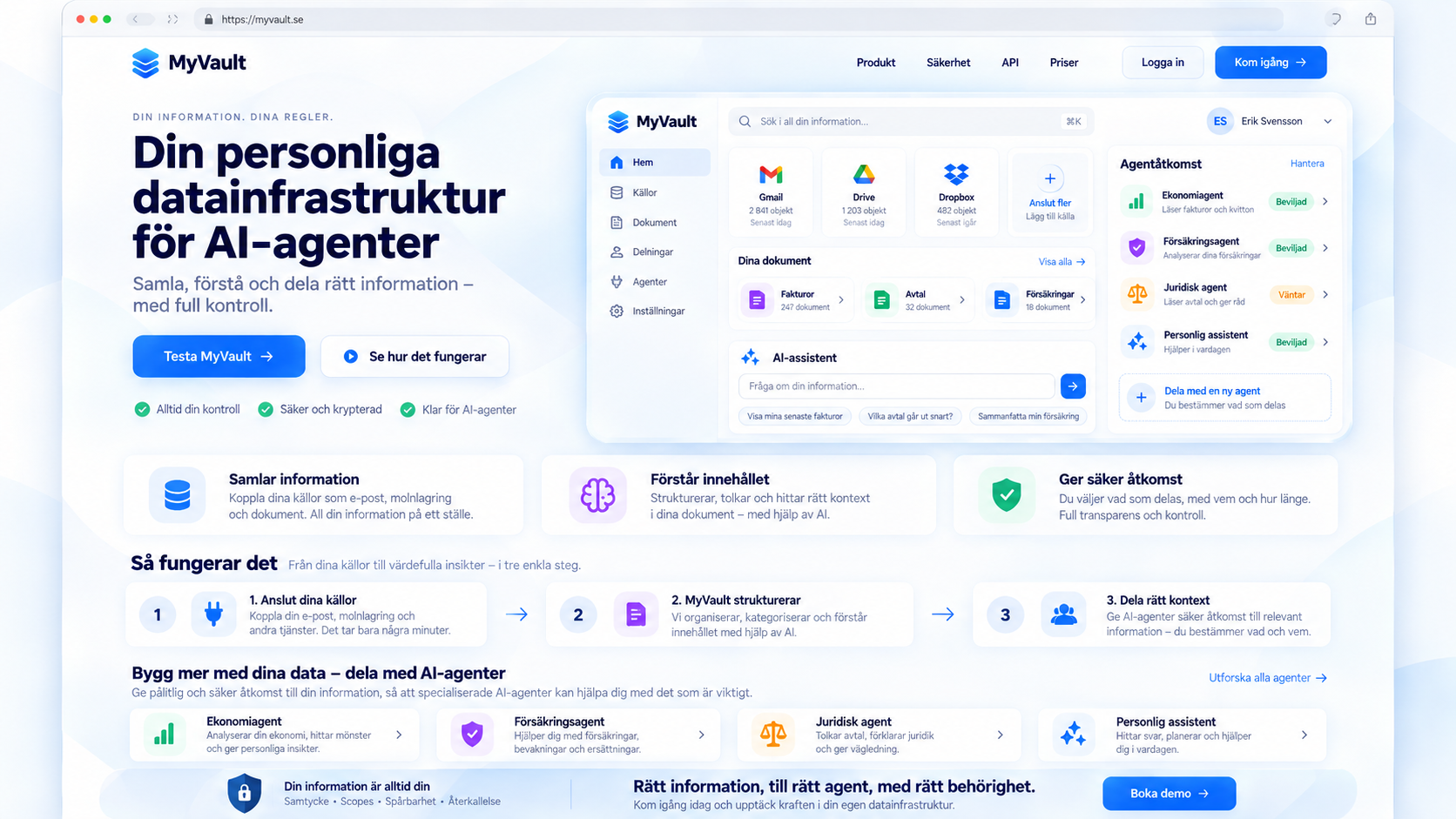 MyVault product preview: a landing page with the headline 'Din personliga datainfrastruktur för AI-agenter' beside a dashboard showing connected sources, documents, an AI assistant and per-agent access.