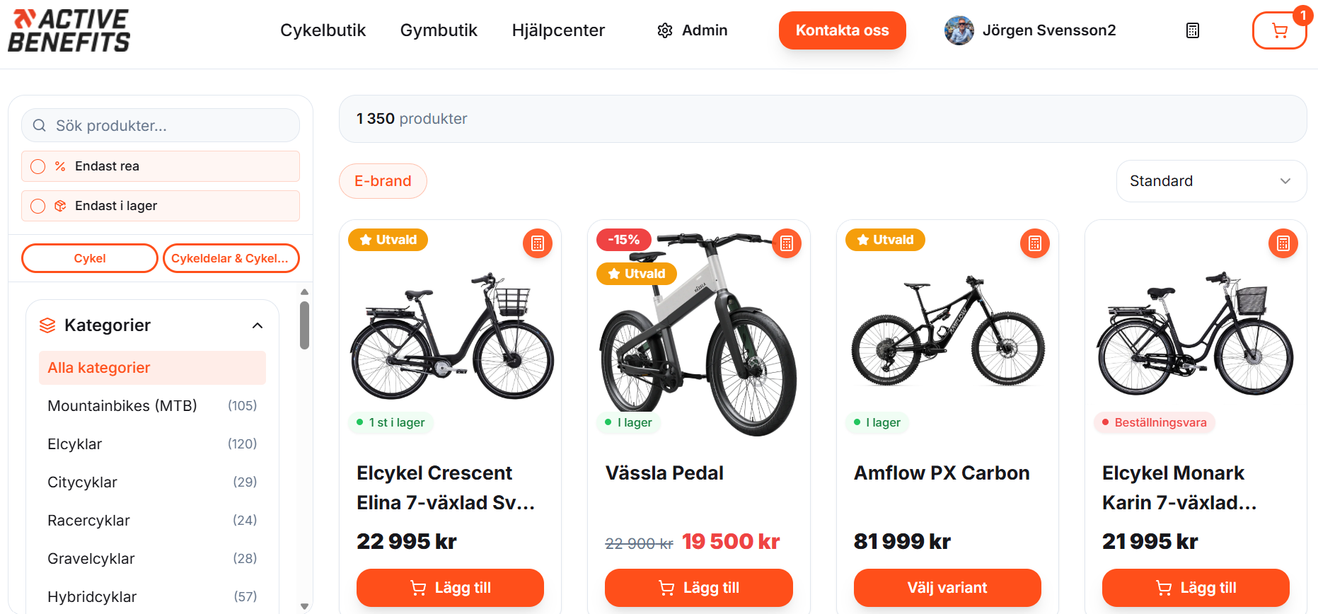 Product catalogue with 1350 bikes, category filters, stock status and prices.