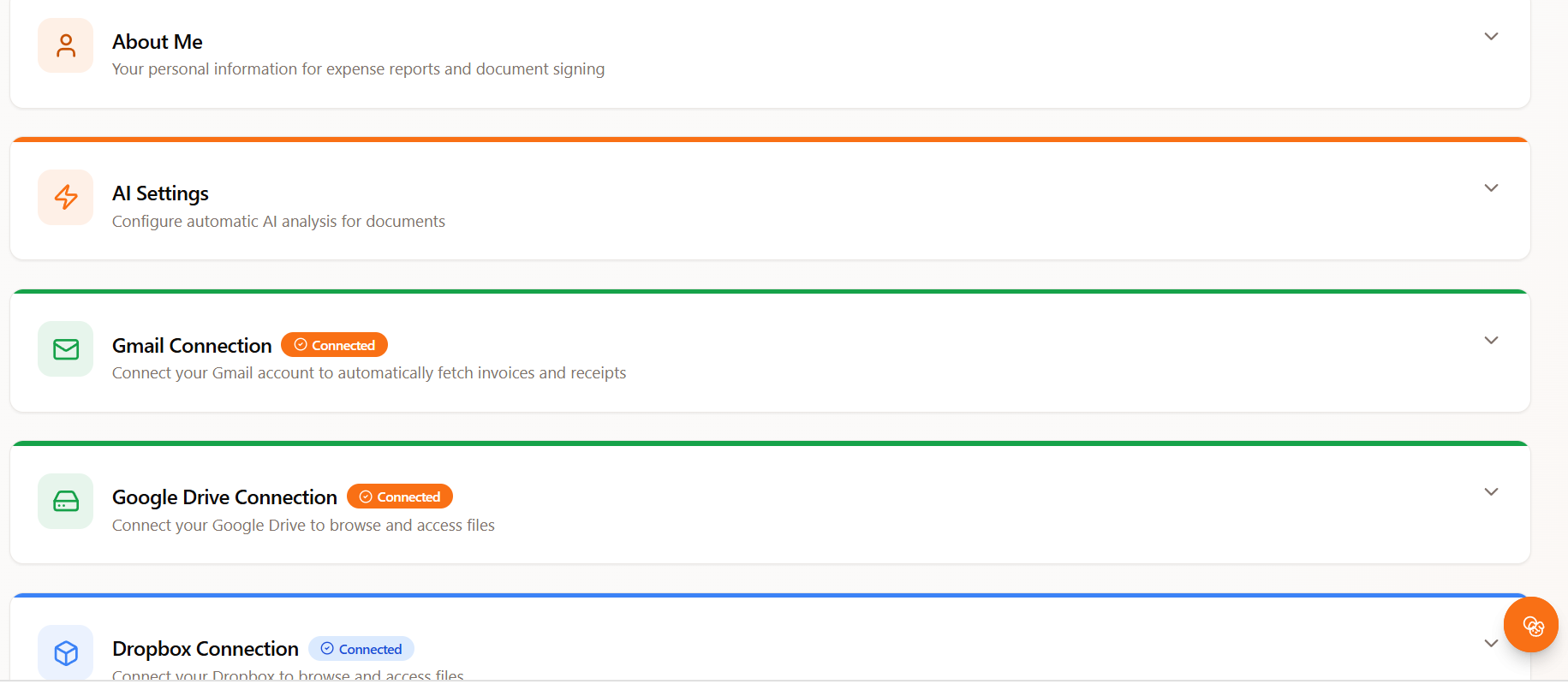 Settings with AI configuration and connected Gmail, Google Drive and Dropbox accounts.