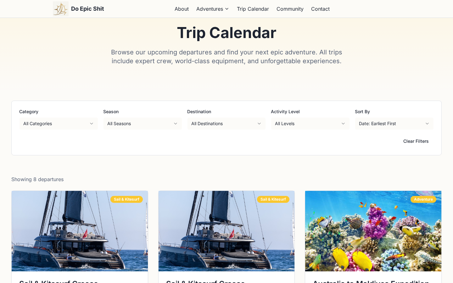 Trip calendar listing available expedition weeks and departure dates.