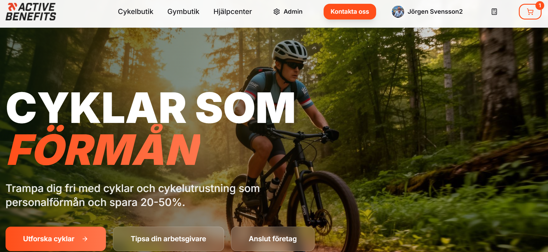 Active Benefits landing page promoting bikes as a salary benefit with 20-50% savings.