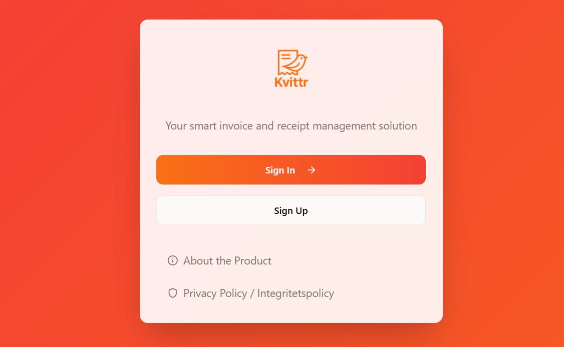 Kvittr sign-in screen with the logo and tagline: your smart invoice and receipt management solution.